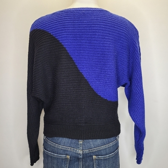 Express Black Cobalt Blue Colorblock Dolman Sleeve Ribbed Chunky Knit Sweater XS - Picture 5 of 12